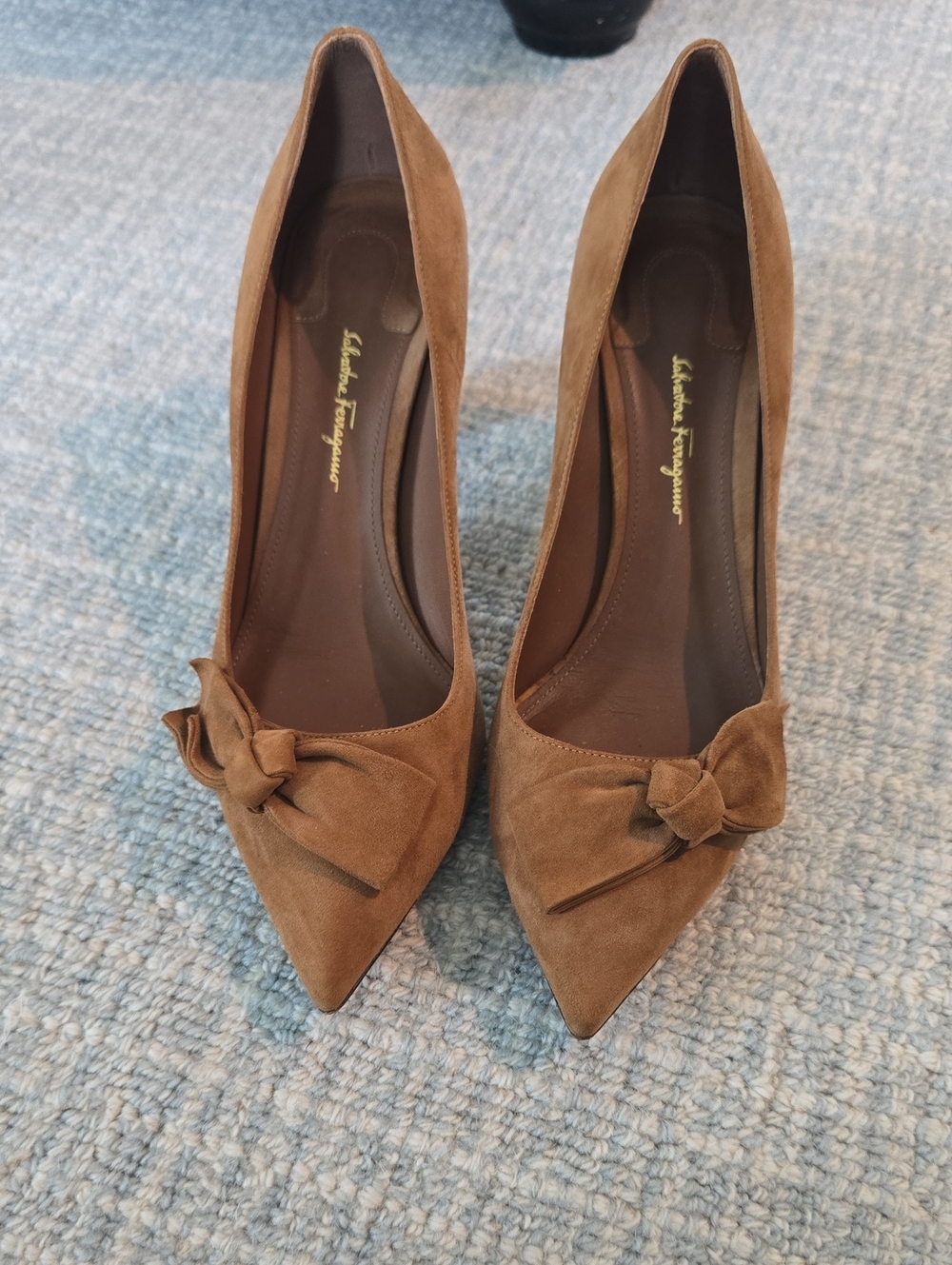 Salvatore Ferragamo Tan Suede Pointed-Toe Pumps with Bow